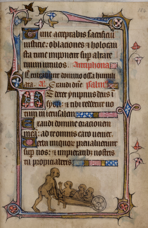 Bas-de-page scene of an ape and her children, with the mother ape fleeing a bear, pushing her three children in a wheelbarrow