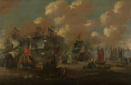 The Battle of the Sound with the Eendracht Engaging Two Swedish Warships, 1670 (oil on panel)