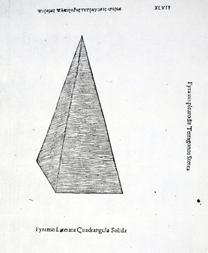 Pyramis laterata quadrangula solida, illustration from 'Divina Proportione' by Luca Pacioli (c.1445-1517), originally pub. Venice, 1509 (litho)
