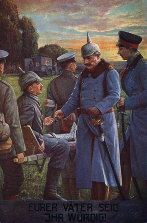 You are worthy of your fathers: Kaiser Wilhelm II awarding a wounded German soldier the Iron Cross (colour litho)