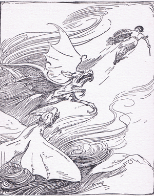 Perseus's blood ran cold for all his courage as he saw them come howling on his track, from The Heroes published by George Allen and Unwin 1929 (litho)