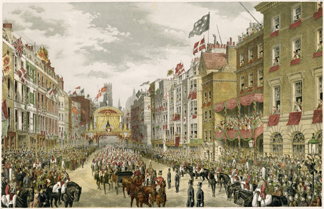 Procession on the Strand, Temple Bar, Strand, London, UK (colour engraving)