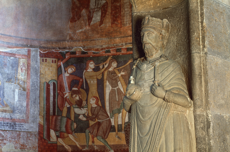 Statue of Charlemagne, church of Abbey of St John, Mustair, Grisons Canton, Switzerland (photo)