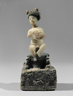 Little boy. Alabaster figurine, stucco, bitumen, gold. Seleucidan period from Babylon, Mesopotamia ...