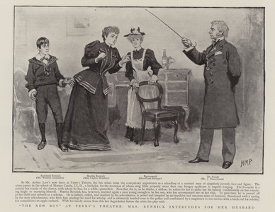 The New Boy at Terry's Theatre, Mrs Rennick intercedes for her husband (litho)