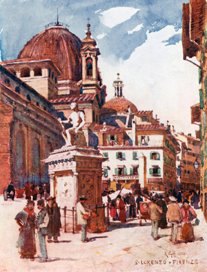 Piazza S Lorenzo, with the Statue of Giovanni delle Bande Nere (colour litho)