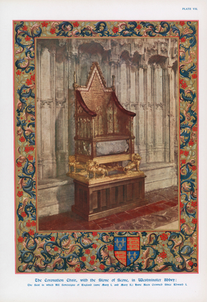 The Coronation Chair and the Stone of Scone in Westminster Abbey, London (colour litho)