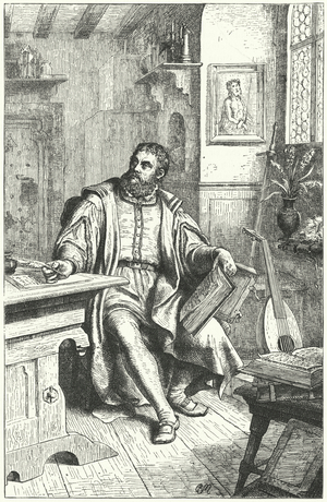 Martin Luther translating the Bible into German (engraving)