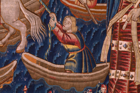 Flemish tapestry. Series The Portugese in india: The Arrival in Calicut (De Aankomst in Calicut, Llegado de Vasco de Gama a Lisboa). Ca 1510. Collection Caixa Geral de Depósitos, Lisboa. Detail.