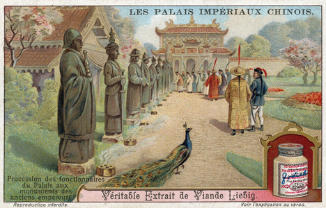 Palace officials visiting the statues of old emperors, China (chromolitho)