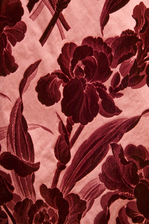Bertha Palmer's evening coat, 1889 (fabric detail), Silk voided velvet in iris pattern, ribbed silk taffeta, lace, beaver fur