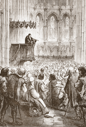 Calvin preaching his farewell sermon in expectation of banishment, illustration from 'The History of Protestantism' by James Aitken Wylie (1808-1890), pub. 1878 (engraving)
