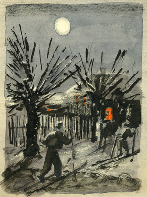 Skiing at the Bolshevo Recreation Home, 1952 (gouache on paper)