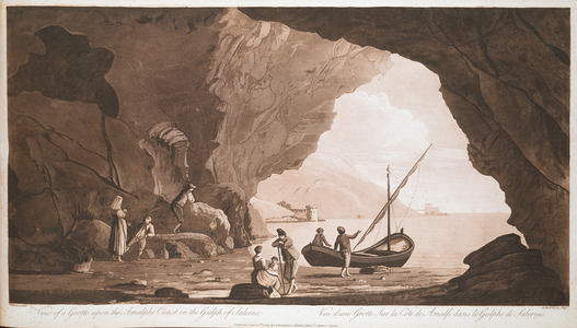A group of fishermen and their families rest in a cave by the sea in the foreground, with towers and a coastline seen through the entrance in the background