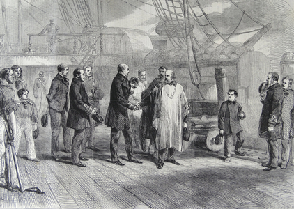 The farewell visit of Garibaldi to Admiral Munday on board the 'Hannibal', 1860 (engraving)
