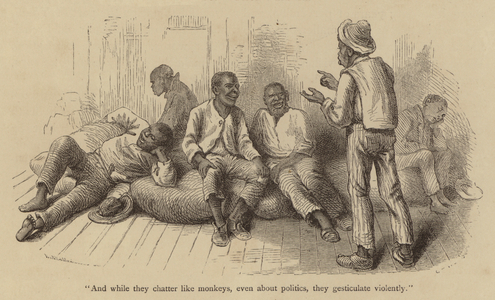 "And while they chatter like monkeys, even about politics, they gesticulate violently" (engraving)