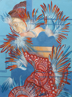 Red Dress and Chickadees, 2015 (oil on canvas)