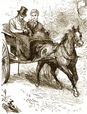 An engraving depicting a horse and carriage travelling through the countryside, 19th century
