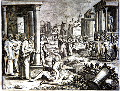 St Paul heals lame man (Acts. 18). Wood engraving. French Bible 1683