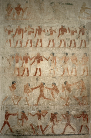Relief, Bearers offering and butchering oxen, Mastaba of Ptahhotep and Akhethotep, Egypt