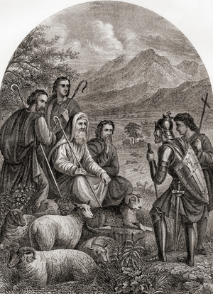 Christian and Hopeful meet the shepherds.  From The Pilgrim's Progress by John Bunyan.  19th century print.