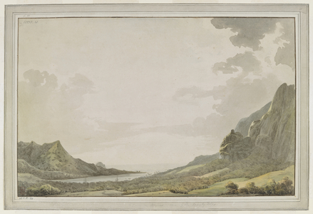 [Whole drawing]. A view from Aimeo Harbour [Papetoai Bay,] looking out towards the sea; the masts of the 'Resolution' and the 'Discovery' are visible in the bay. Captain Cook visited Moorea in October 1777