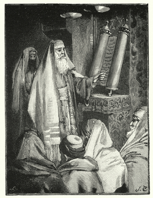 A rabbi reading the scroll of the law (litho)