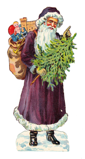 A Victorian Paper Scrap Relief of Father Christmaswith a sack of toys on his back holding a Christmas tree, c.1880 (colour litho)