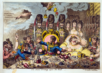 Etching and aquatint, hand-coloured engraving entitled 'The Hand-writing upon the wall' by James Gillray.