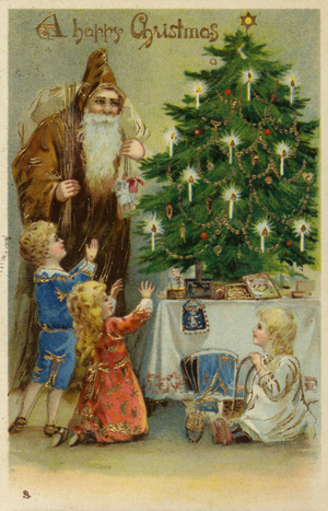 Santa Claus besides Christmas tree with candles, with children (colour litho)