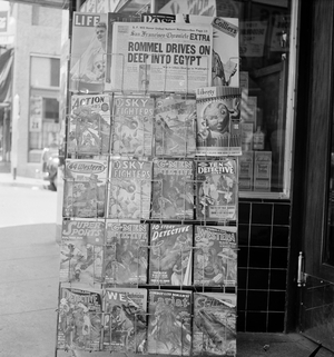 Magazine stand, Yreka, California, 1942 (b/w photo)