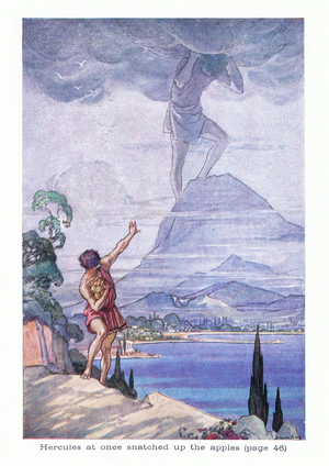 Hercules at once snatched up the apples, from Myths and Legends of Many Lands published by Thomas Nelson and Sons Ltd (1938) (colour litho)
