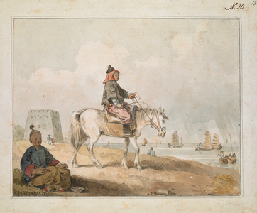 'A Chinese on horseback dressed out for a storm'. 
Horseman wearing a cloak and a cowl under his cap in profile to right, with woman sitting on the ground eating from a bowl in the foreground and sailing ships, barges and river in the background. Pasted on mount with washline.
