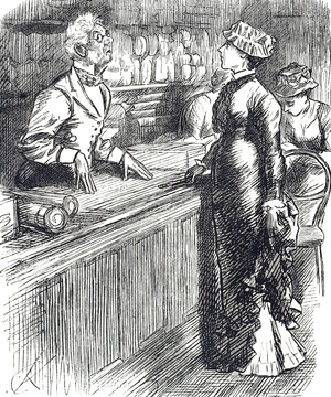 Cartoon depicting a young woman purchasing stockings, 19th century