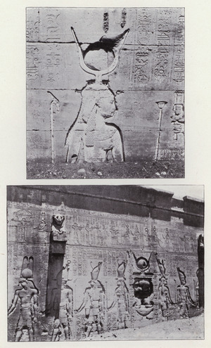 Egypt: Sculptures and Hieroglyphics on the Walls of Hathor's Temple at Denderah (b/w photo)