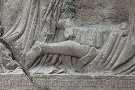 Detail from the votive monument of Eustache Savary, Cathédrale Notre-Dame, Tournai, Hainaut, Belgium, c.1425 (stone)