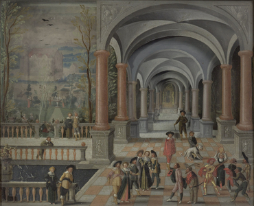 Festive Gathering and Figures from a Commedia dell'Arte in a Gallery, 1634 (mixed media on panel)