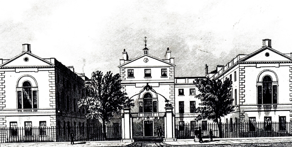 An engraving depicting the exterior of Middlesex Hospital at the junction with Berners Street. The hospital opened in 1745 and building completed in 1835, 19th century