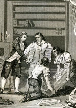 The move of a library, around 1850 (engraving)