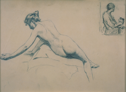 Reclining Nude, Back View, and Lady with Pot (graphite on paper)