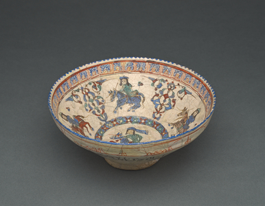 Bowl Decorated with Horsemen, late 12th century-early 13th century (earthenware with polychrome enamels over white glaze and colors)