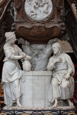 Collegiate church (Collégiale Sainte-Gertrude). Interior. Pulpit. Laurent Delvaux (1696-1778). Marble and wood. Baroque.