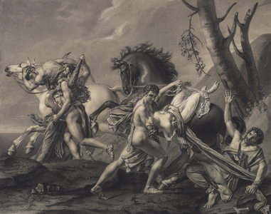Theseus and Pirithoüs Clearing the Earth of Brigands, Deliver Two Women from the Hands of their Abductors, 1806 (black, white, blue, ochre chalks on ivory paper)