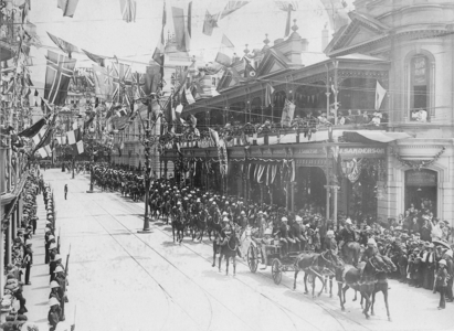 Duke Arthur of Connaught on the way to the opening of the South African Federal Parliament (b/w photo)