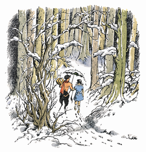 Mr. Tumnus the faun with Lucy Pevensie from The Lion, the Witch and the Wardrobe by C. S. Lewis (1898-1963)