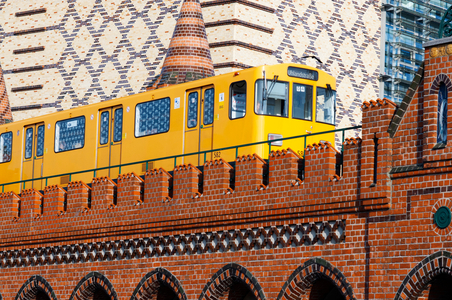 S-bahn train over Oberbaum bridge Oberbaumbrucke in  Friedrichshain Kreuzberg Berlin, Germany, Europe (photo)