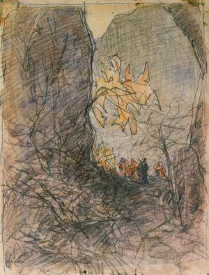Japan: 'First Stone Gate of Kondo in Mt. Miyogi', pencil tint drawing by Shigeru Aoki (1882-1911), c. 1902