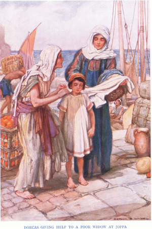 Dorcas giving help to a poor widow