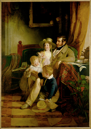 Rudolf von Arthaber and his children Rudolf Emilie and Gustav, looking at the picture of their dead wife and mother … (painting on canvas)