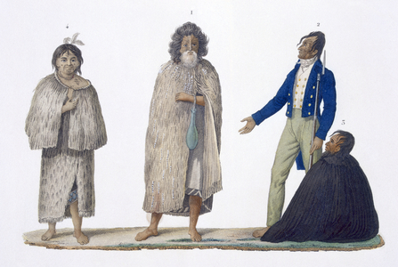 New Zealand natives in indigenous and Western dress, 1826 (colour litho)